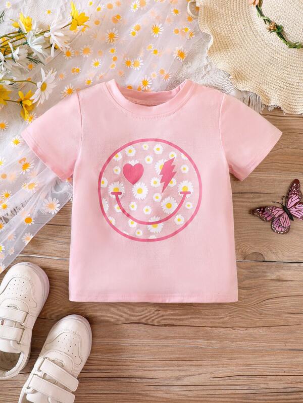 SHEIN Young Girl Floral & Cartoon Graphic Tee