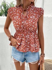 SHEIN LUNE 碎花繫帶領荷葉邊下擺襯衫 - 紅色 - 查看 4