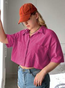 SHEIN EZwear Áo sơ mi Plus Size Túi Nút phía trước màu trơn Giải trí - Màu Hồng Tươi - Xem 5