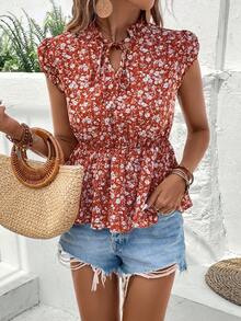 SHEIN LUNE 碎花繫帶領荷葉邊下擺襯衫 - 紅色 - 查看 5