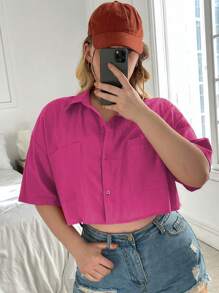 SHEIN EZwear Áo sơ mi Plus Size Túi Nút phía trước màu trơn Giải trí - Màu Hồng Tươi - Xem 6