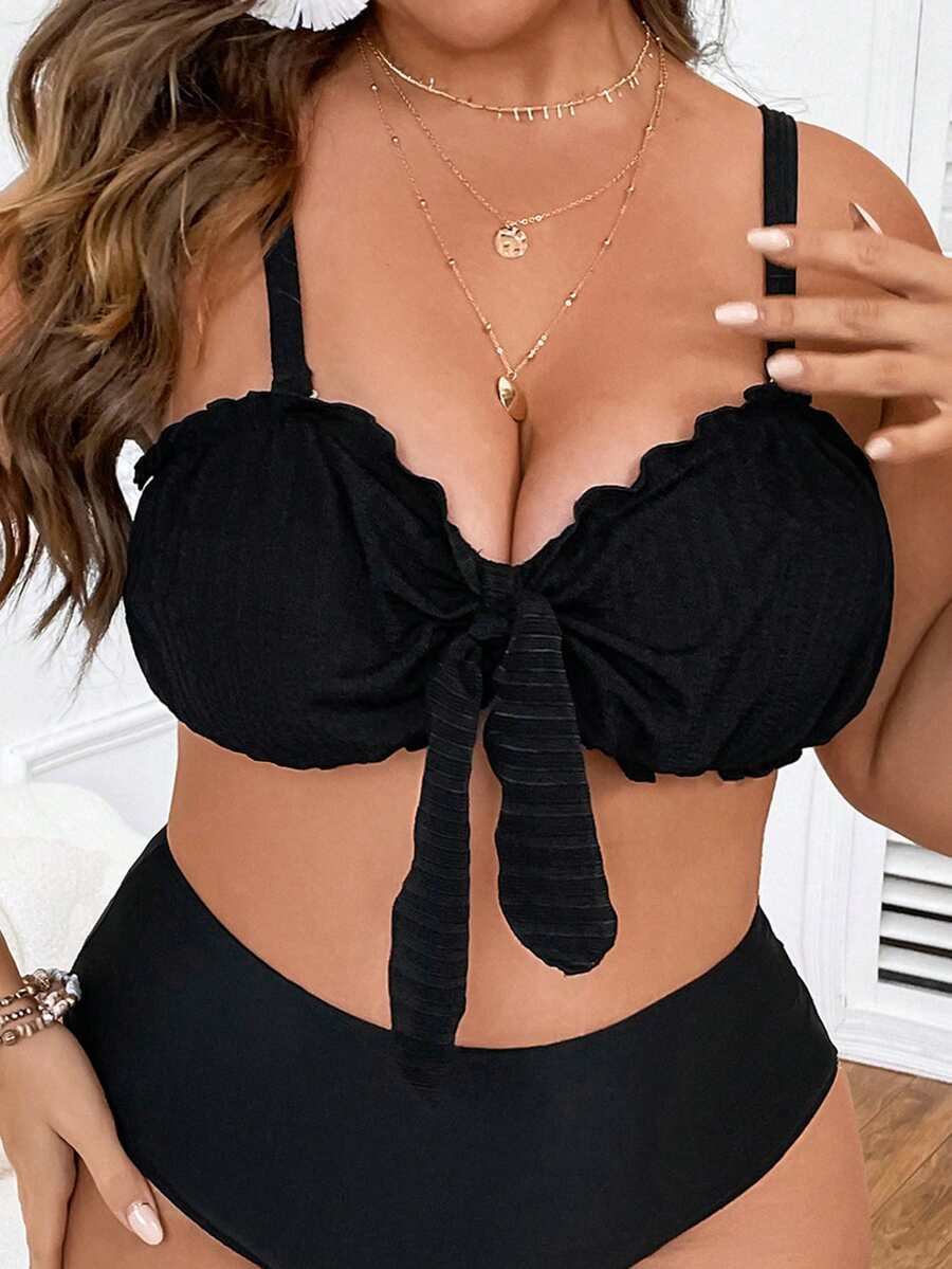 Plus Frill Trim Knot Front Bikini Top - Black - View 1