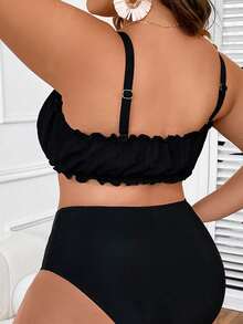 Plus Frill Trim Knot Front Bikini Top - Black - View 2