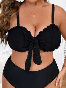 Plus Frill Trim Knot Front Bikini Top - Black - View 3