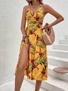 SHEIN VCAY Tropical Print Split Thigh Tie Backless Halter Dress - Yellow - View 3