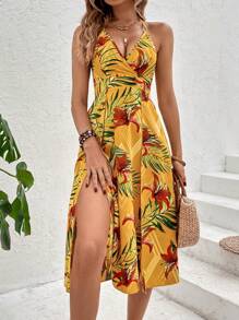 SHEIN VCAY Tropical Print Split Thigh Tie Backless Halter Dress - Yellow - View 5