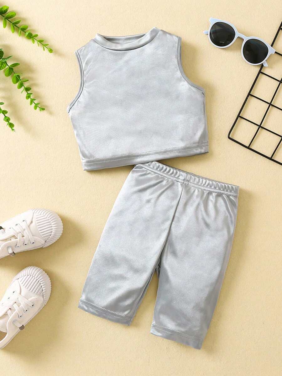 SHEIN Bộ thời trang bé gái màu trơn Giải trí - Bạc - Xem 1