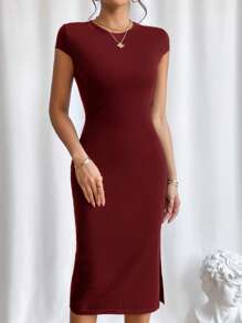 SHEIN Privé 素色高衩緊身洋裝 - 酒紅色 - 查看 4