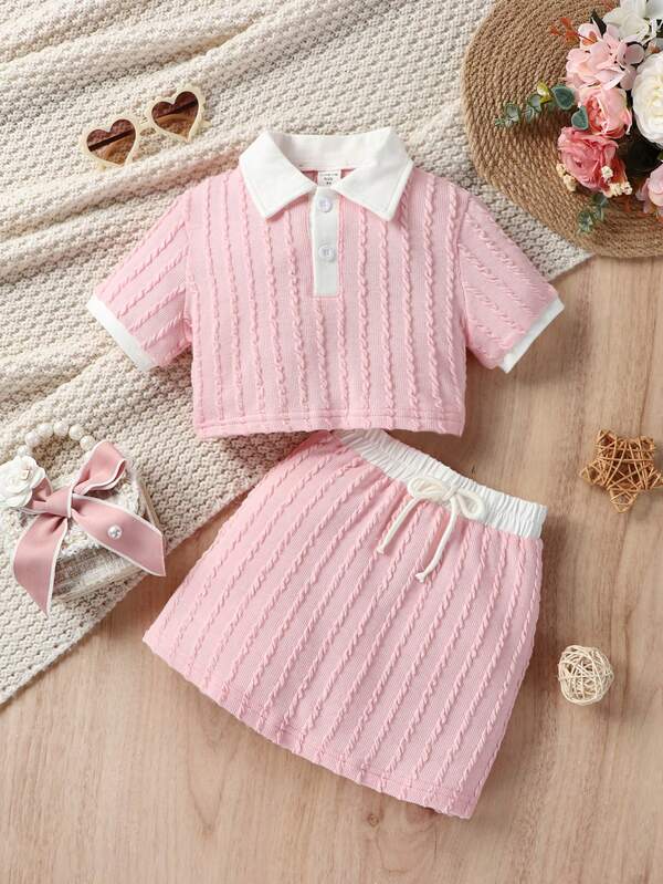 SHEIN Ragazzine 2 pezzi polo in maglia strutturato con decorazione floreale Top & con coulisse Gonna Set, dolce rosa estate stile