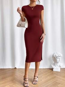 SHEIN Privé 素色高衩緊身洋裝 - 酒紅色 - 查看 6
