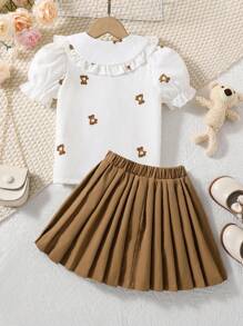 SHEIN Vintaside Kids Cô Gái Trẻ In Gấu Cổ áo rộng Ống tay áo Áo sơ mi & Chân Váy xếp ly - Nhiều màu - Xem 2