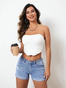 SHEIN Essnce Quần short denim nữ Dây kéo màu trơn - Rửa nhẹ - Xem 1