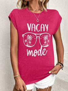 SHEIN LUNE Coconut Tree & Letter Graphic Batwing Sleeve Tee - Hot Pink - View 4