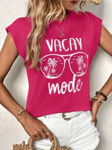 SHEIN LUNE Coconut Tree & Letter Graphic Batwing Sleeve Tee - Hot Pink - View 5