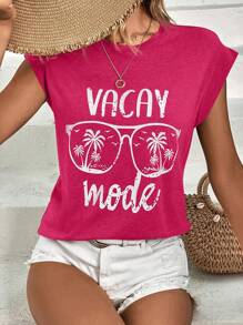 SHEIN LUNE Coconut Tree & Letter Graphic Batwing Sleeve Tee - Hot Pink - View 6