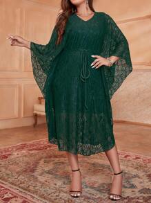 Modelyn Plus Batwing Sleeve Drawstring Waist Lace Dress - Dark Green - View 4