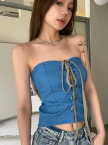 Top bandeau unicolor con cordón delantero - Azul - Ver 1