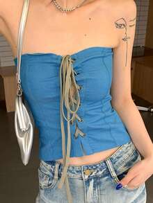 Top bandeau unicolor con cordón delantero - Azul - Ver 3