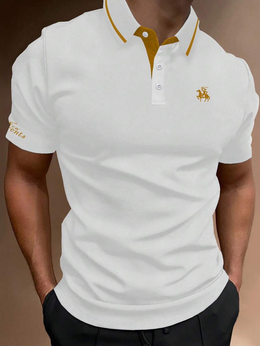 Manfinity Homme Áo thun có cổ Nam Nút phía trước Lá thư Giải trí - trắng - Xem 1