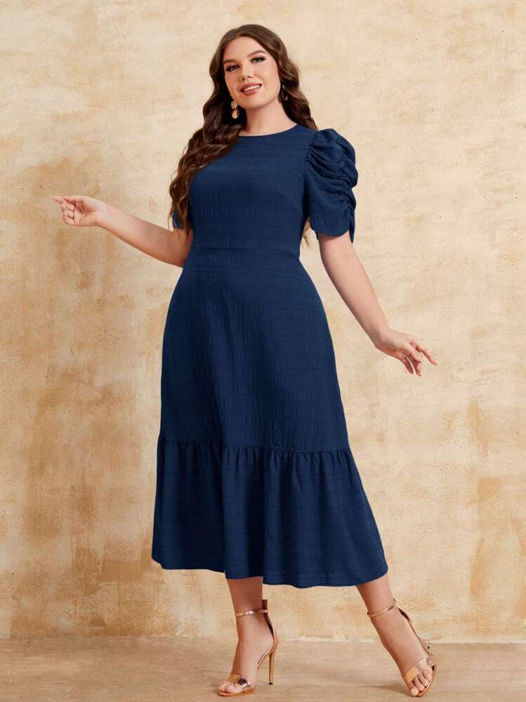 SHEIN Clasi Vestido de manga farol bajo con fruncido - Azul Marino - Añade 3