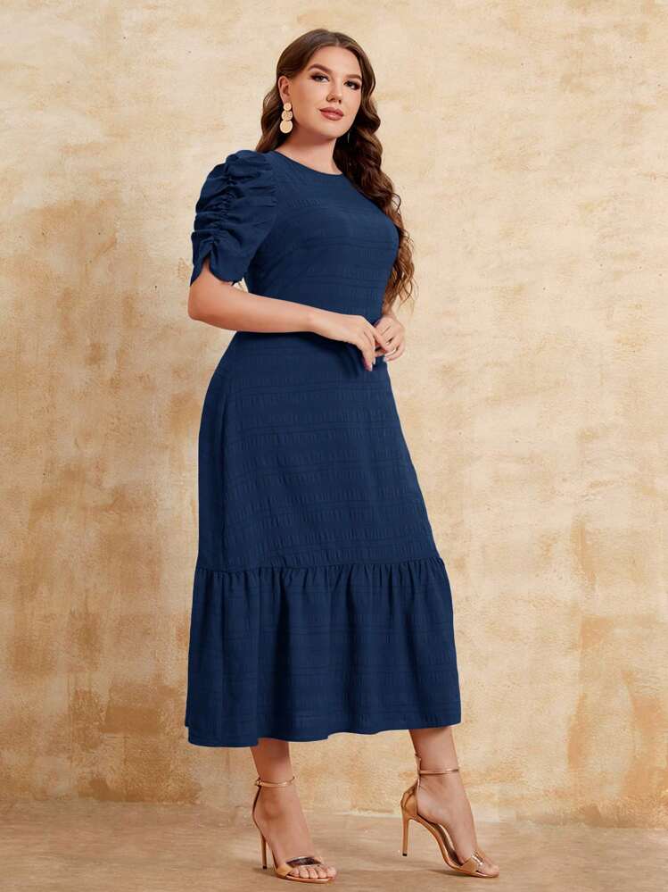 SHEIN Clasi Vestido de manga farol bajo con fruncido - Azul Marino - Añade 4