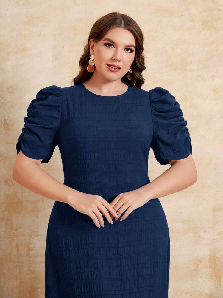 SHEIN Clasi Vestido de manga farol bajo con fruncido - Azul Marino - Añade 5