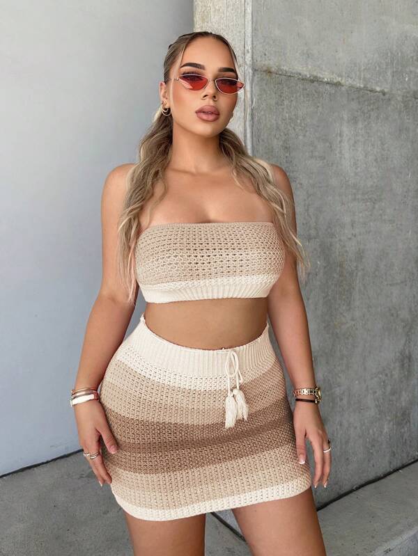 SHEIN SXY Colorblock Tube Knit Top & Knit Skirt