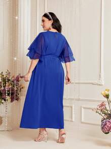 Modelyn Plus Contrast Mesh Butterfly Sleeve Belted Dress - Royal Blue - View 2