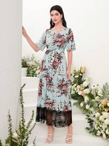 Modelyn Floral Print Contrast Lace Belted Dress - Blue - View 5