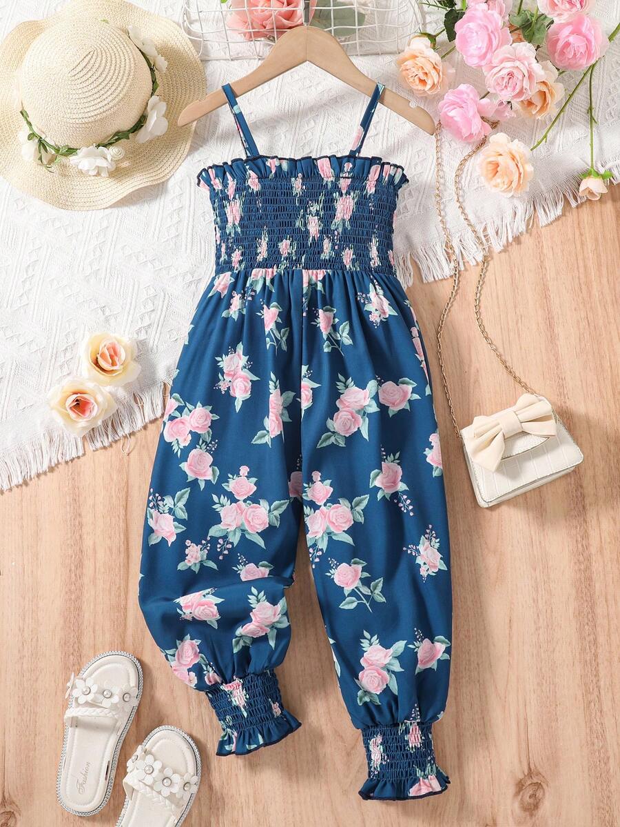 小女童印花荷葉邊下擺吊帶連體褲 - 藏蓝色 - 查看 1