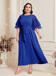 Modelyn Plus Contrast Mesh Butterfly Sleeve Belted Dress - Royal Blue - View 3