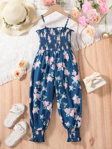 小女童印花荷葉邊下擺吊帶連體褲 - 藏蓝色 - 查看 2