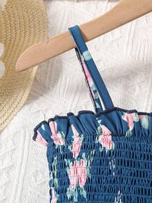 小女童印花荷葉邊下擺吊帶連體褲 - 藏蓝色 - 查看 4