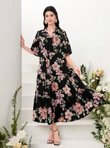 Modelyn Vestido esmoquin con estampado floral y bajo con volantes, modesto - Negro - View 1