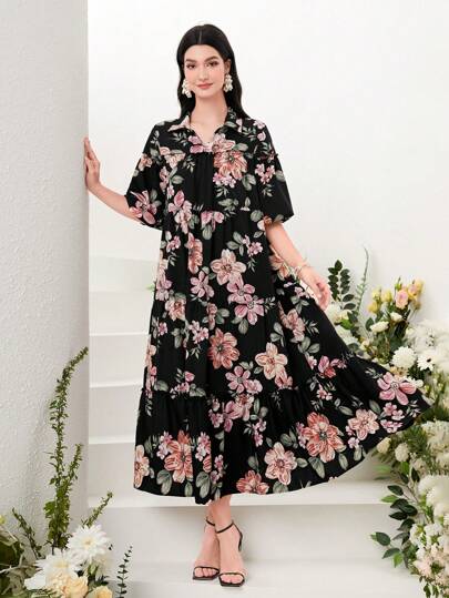 Modelyn Floral Print Ruffle Hem Smock Dress, Modest
