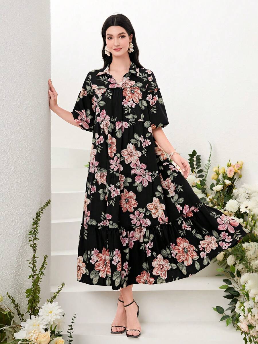Modelyn Vestido esmoquin con estampado floral y bajo con volantes, modesto - Negro - View 1