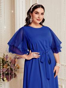 Modelyn Plus Contrast Mesh Butterfly Sleeve Belted Dress - Royal Blue - View 7