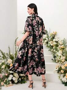 Modelyn Vestido esmoquin con estampado floral y bajo con volantes, modesto - Negro - View 2