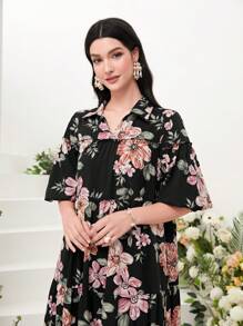 Modelyn Vestido esmoquin con estampado floral y bajo con volantes, modesto - Negro - View 4
