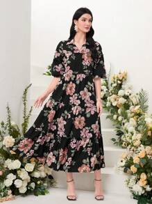 Modelyn Vestido esmoquin con estampado floral y bajo con volantes, modesto - Negro - View 5