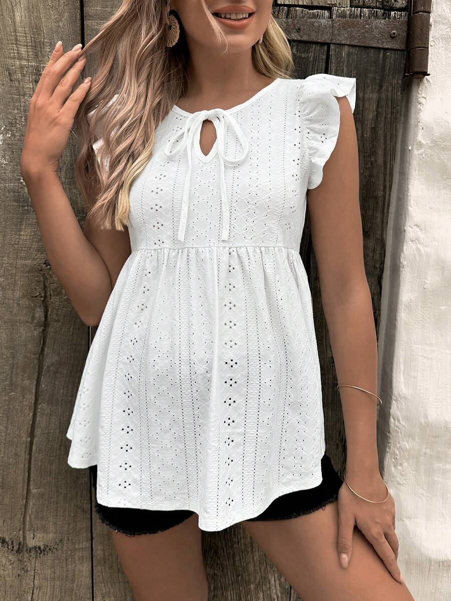 SHEIN Maternidad Camiseta de cuello con cordón ribete con fruncido peplum - Blanco - Ver 1