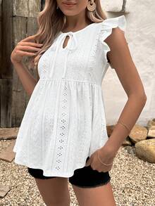 SHEIN Maternidad Camiseta de cuello con cordón ribete con fruncido peplum - Blanco - Ver 3