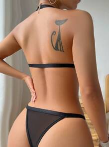 Conjunto de lencería con arnés de encaje floral gótico, look de chica mala - Negro - Ver 2