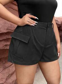 SHEIN SXY 休閒口袋 鈕扣 拉鍊純色大碼短褲 - 黑色 - 查看 1