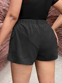 SHEIN SXY 休閒口袋 鈕扣 拉鍊純色大碼短褲 - 黑色 - 查看 2