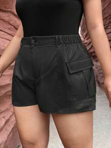 SHEIN SXY 休閒口袋 鈕扣 拉鍊純色大碼短褲 - 黑色 - 查看 3