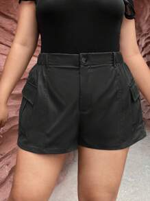 SHEIN SXY 休閒口袋 鈕扣 拉鍊純色大碼短褲 - 黑色 - 查看 4