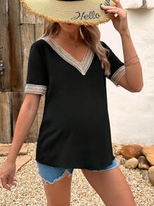 SHEIN Maternity Guipure Lace Panel Blouse - Black - View 3