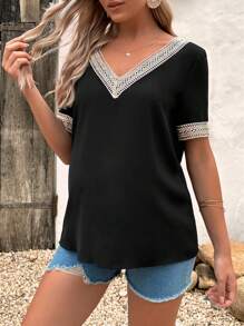 SHEIN Maternity Guipure Lace Panel Blouse - Black - View 4