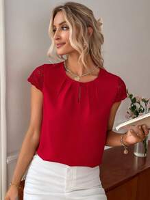 SHEIN Clasi 拼接蕾絲袖拼接細節襯衫 - 紅色 - 查看 1